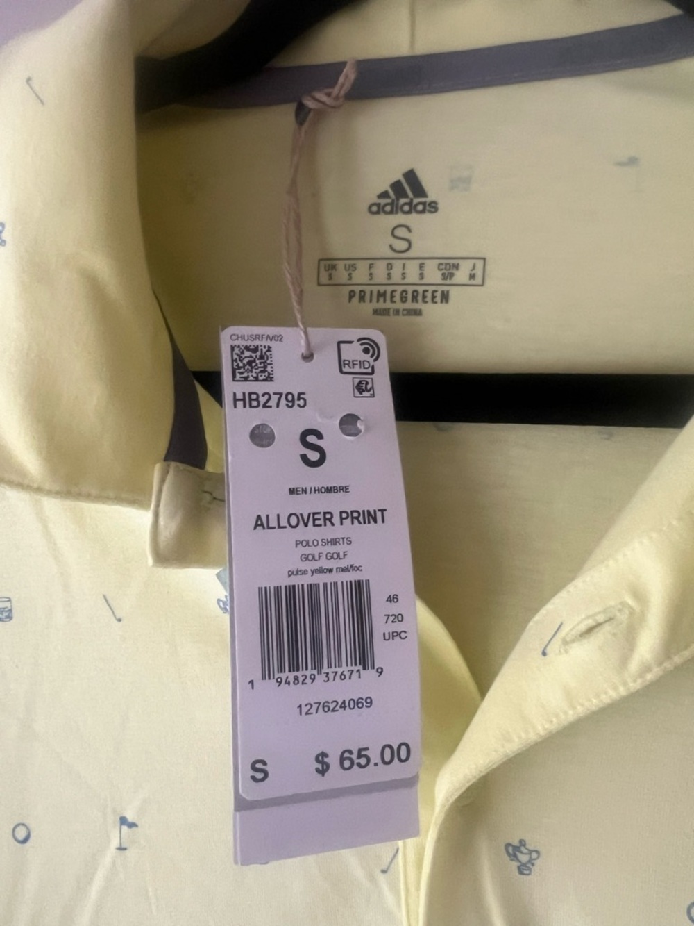 adidas Men's Light Yellow Polo with Micro Print Allover Golf Print Small NWT - Picture 2 of 4